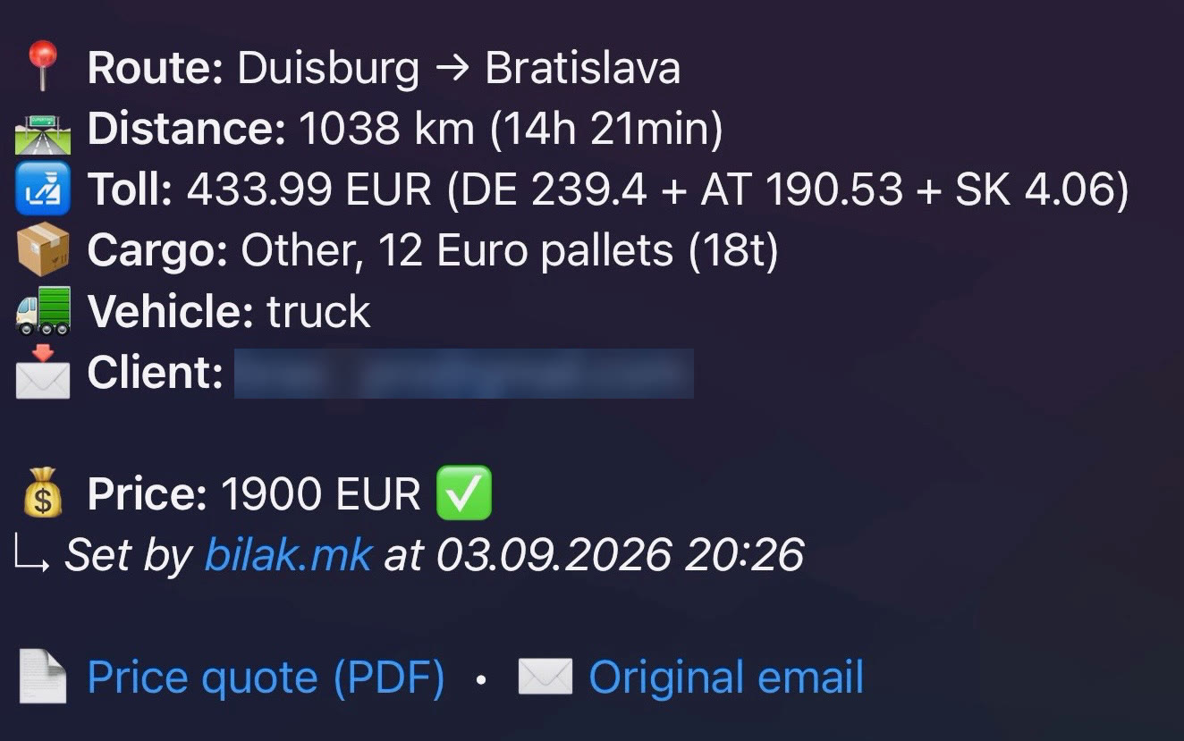 Karta poptávky: trasa z Duisburgu do Bratislavy, 1 038 km, mýto po zemích, náklad a dopsaná cena 1 900 €